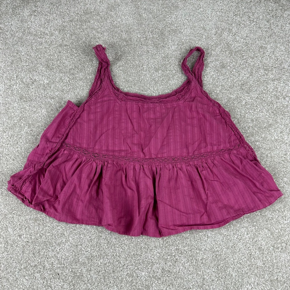 Scoop Peplum Tank Top Women Medium Pink Excellent Lace Trim Cotton Boho Ruffle
